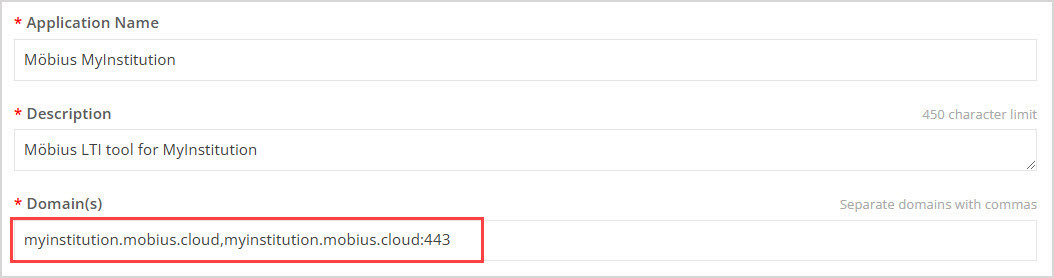 Under the enabled My integration supports LTI 1.3 radio button, the Domain(s) field contains two web domains separated by commas.